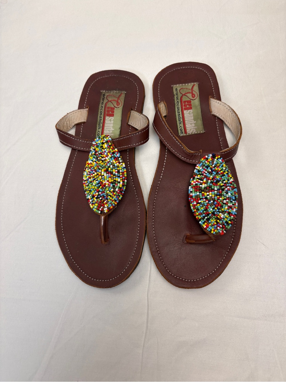 Hand-Beaded Brown Leather Sandals with Multicolor Bead Accent Boho Eco Indie